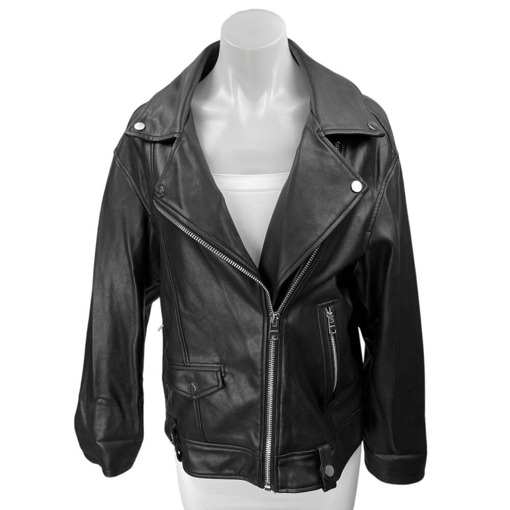 Bershka Women's Black Vegan Faux Leather Zip Up Notch Collar Moto Coat Jacket S